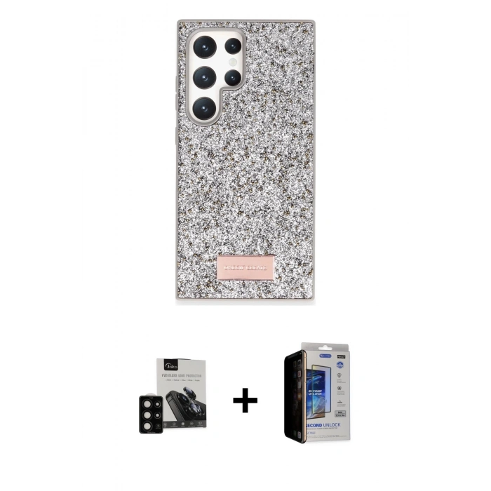 MARSİLYAN™- Galaxy S23 Ultra Kılıf Vadi Klasik Serisi - Siyah Durable Full Glue Curved Hayalet Cam + PVD Metal Kamera Lens - SH