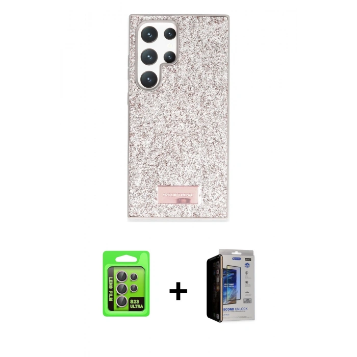 MARSİLYAN™- Galaxy S23 Ultra Kılıf Vadi Klasik Serisi - Siyah Durable Full Glue Curved Hayalet Cam + Raze Metal Kamera Lens - LA