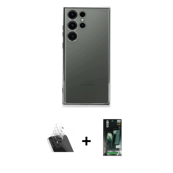 MARSİLYAN™- Galaxy S23 Ultra Kılıf Vadi Minimal - Siyah 360 Mat Full Body Arka Koruyucu + Kamera Lens Koruma Cam - SF