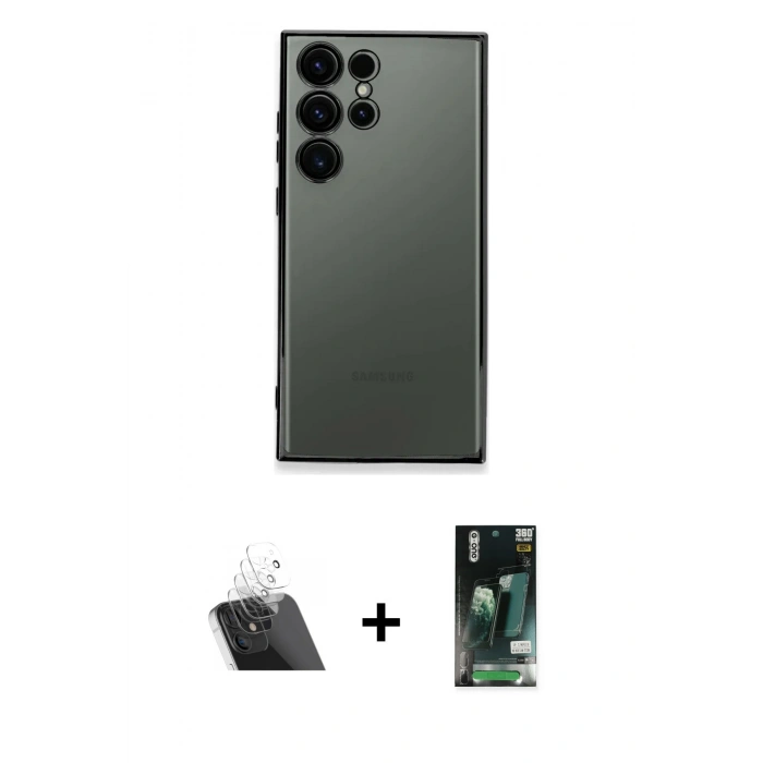 MARSİLYAN™- Galaxy S23 Ultra Kılıf Vadi Minimal - Siyah 360 Mat Full Body Arka Koruyucu + Kamera Lens Koruma Cam - SF
