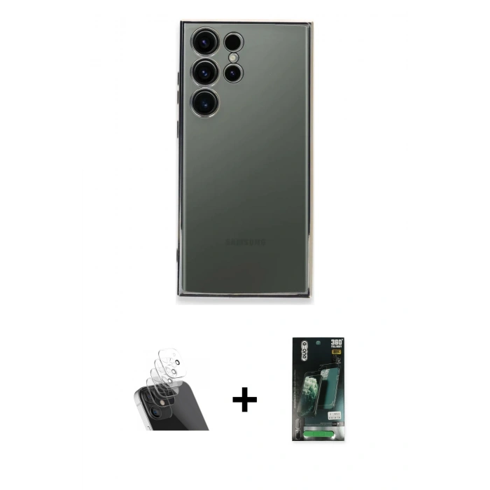 MARSİLYAN™- Galaxy S23 Ultra Kılıf Vadi Minimal - Siyah 360 Mat Full Body Arka Koruyucu + Kamera Lens Koruma Cam - SF
