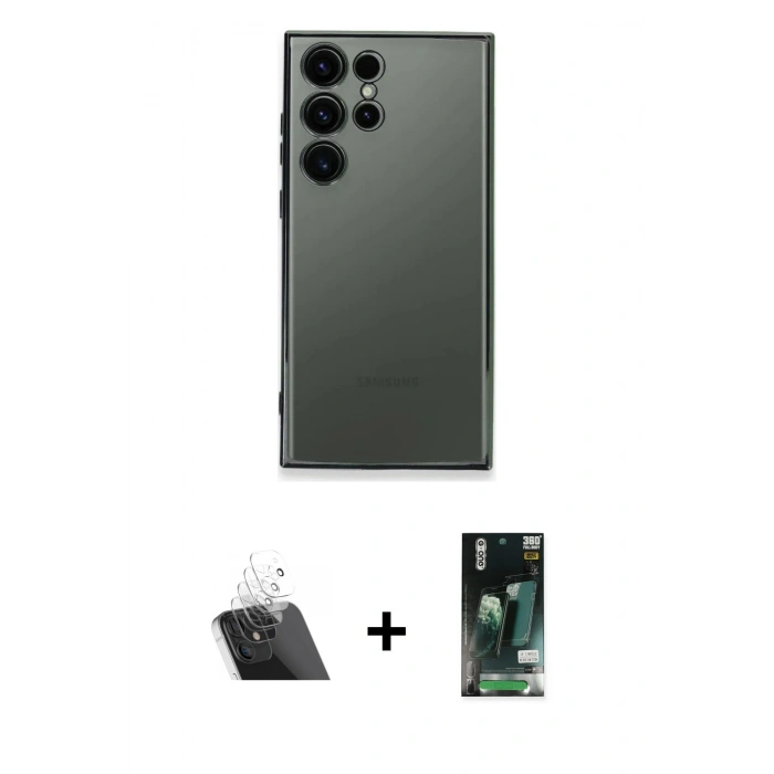 MARSİLYAN™- Galaxy S23 Ultra Kılıf Vadi Minimal - Siyah 360 Mat Full Body Arka Koruyucu + Kamera Lens Koruma Cam - SF