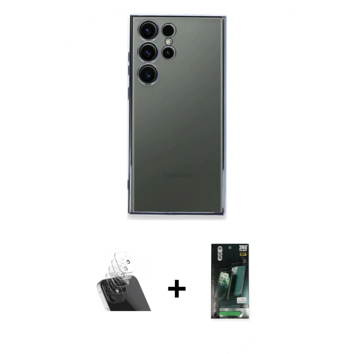 MARSİLYAN™- Galaxy S23 Ultra Kılıf Vadi Minimal - Siyah 360 Mat Full Body Arka Koruyucu + Kamera Lens Koruma Cam - SF