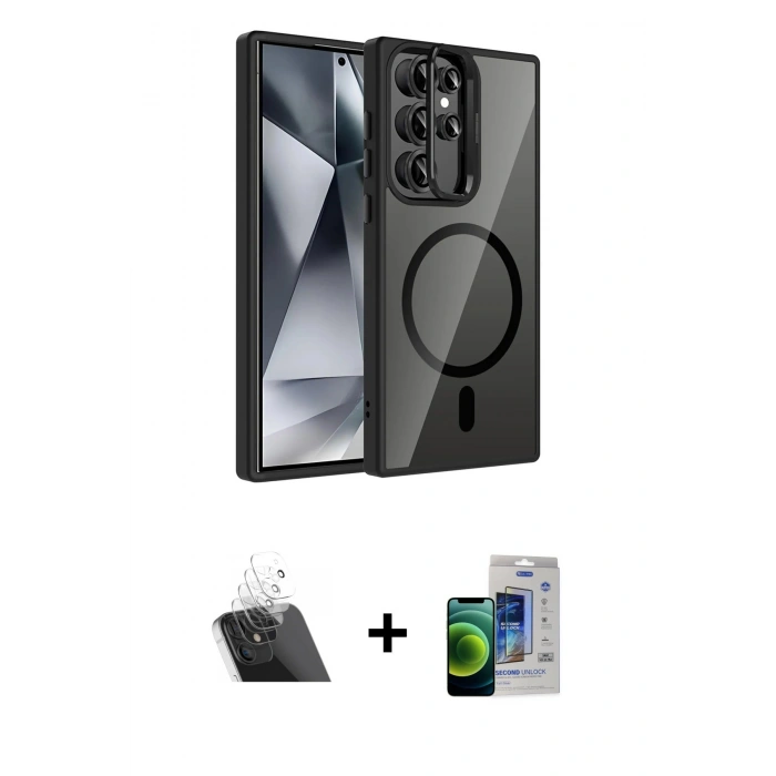 MARSİLYAN™- Galaxy S23 Ultra Kılıf Yadigar Asil Koleksiyonu - Siyah Durable Full Glue Curved Cam + Şeffaf Kamera Lens Koruma Cam