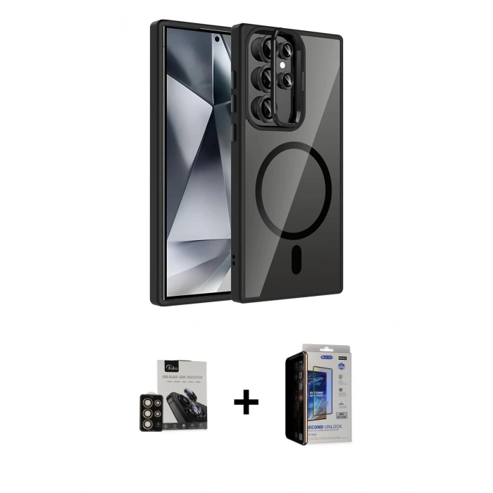 MARSİLYAN™- Galaxy S23 Ultra Kılıf Yadigar Asil Koleksiyonu - Siyah Durable Full Glue Curved Hayalet Cam + PVD Metal Kamera Lens - GD