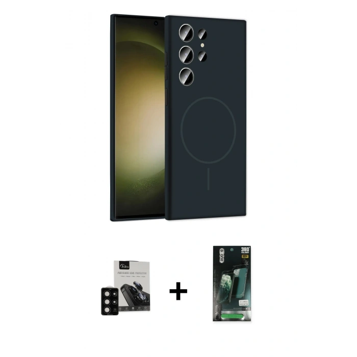 MARSİLYAN™- Galaxy S23 Ultra Kılıf Yankı Form Serisi - Siyah 360 Mat Full Body Arka Koruyucu + PVD Metal Kamera Lens - SH