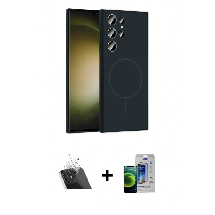 MARSİLYAN™- Galaxy S23 Ultra Kılıf Yankı Form Serisi - Siyah Durable Full Glue Curved Cam + Kamera Lens Koruma Cam - SF