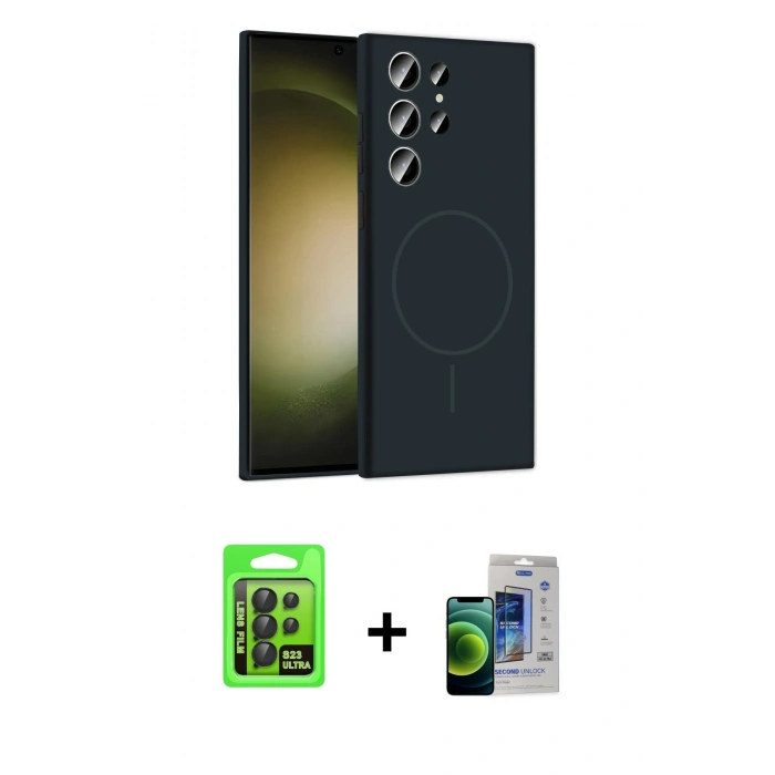 MARSİLYAN™- Galaxy S23 Ultra Kılıf Yankı Form Serisi - Siyah Durable Full Glue Curved Cam + Siyah Raze Metal Kamera Lens