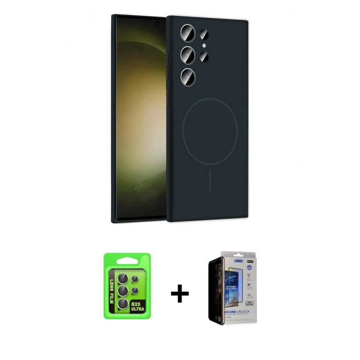 MARSİLYAN™- Galaxy S23 Ultra Kılıf Yankı Form Serisi - Siyah Durable Full Glue Curved Hayalet Cam + Raze Metal Kamera Lens - YL