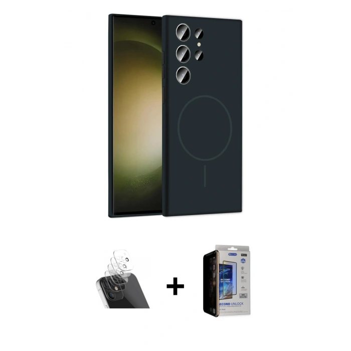 MARSİLYAN™- Galaxy S23 Ultra Kılıf Yankı Form Serisi - Siyah Durable Full Glue Curved Hayalet Cam + Kamera Lens Koruma Cam - SF