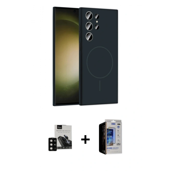 MARSİLYAN™- Galaxy S23 Ultra Kılıf Yankı Form Serisi - Siyah Durable Full Glue Curved Hayalet Cam + PVD Metal Kamera Lens - SH