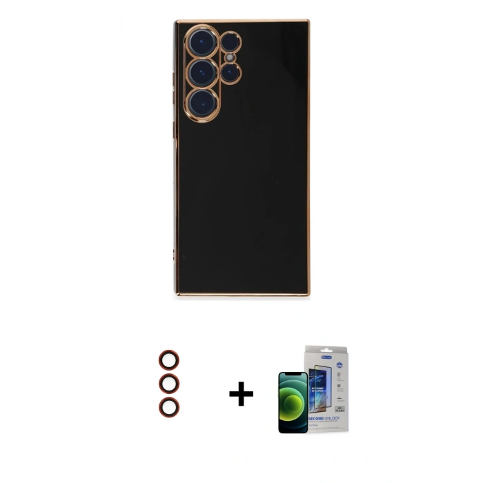 MARSİLYAN™- Galaxy S23 Ultra Kılıf Yankı Serisi - Siyah Durable Full Glue Curved Cam + Metal Kamera Lens - KI