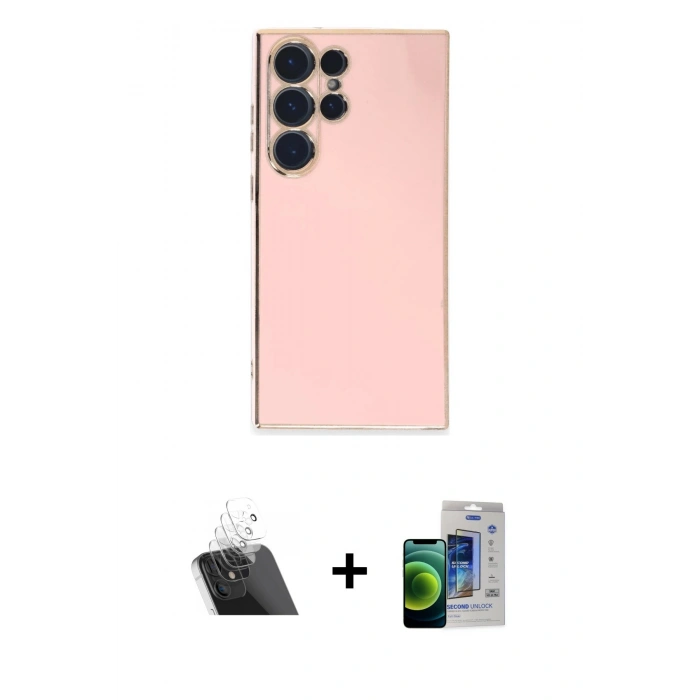 MARSİLYAN™- Galaxy S23 Ultra Kılıf Yankı Serisi - Siyah Durable Full Glue Curved Cam + Kamera Lens Koruma Cam - SF