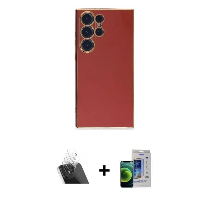 MARSİLYAN™- Galaxy S23 Ultra Kılıf Yankı Serisi - Siyah Durable Full Glue Curved Cam + Kamera Lens Koruma Cam - SF