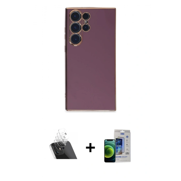 MARSİLYAN™- Galaxy S23 Ultra Kılıf Yankı Serisi - Siyah Durable Full Glue Curved Cam + Kamera Lens Koruma Cam - SF