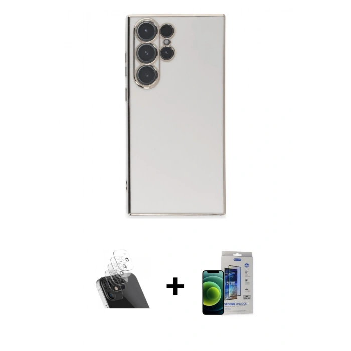 MARSİLYAN™- Galaxy S23 Ultra Kılıf Yankı Serisi - Siyah Durable Full Glue Curved Cam + Kamera Lens Koruma Cam - SF