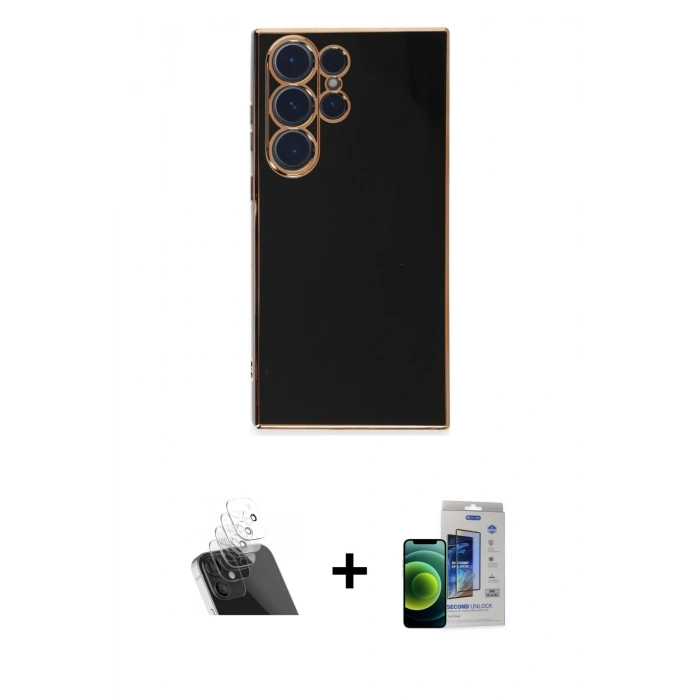 MARSİLYAN™- Galaxy S23 Ultra Kılıf Yankı Serisi - Siyah Durable Full Glue Curved Cam + Kamera Lens Koruma Cam - SF