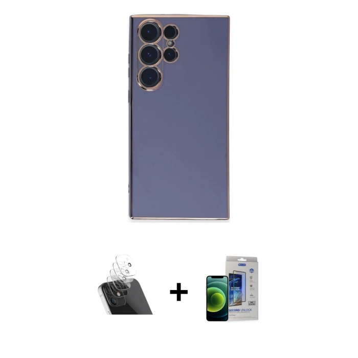 MARSİLYAN™- Galaxy S23 Ultra Kılıf Yankı Serisi - Siyah Durable Full Glue Curved Cam + Kamera Lens Koruma Cam - SF