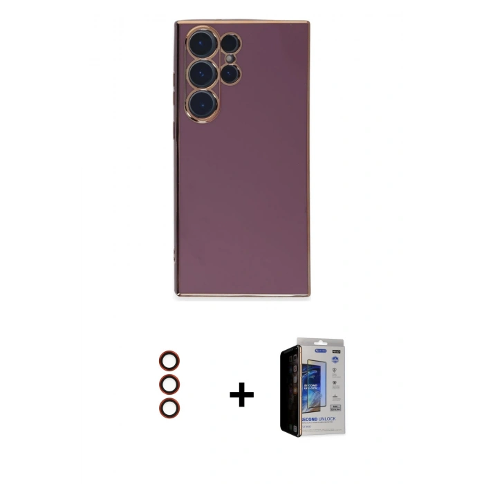 MARSİLYAN™- Galaxy S23 Ultra Kılıf Yankı Serisi - Siyah Durable Full Glue Curved Hayalet Cam + Metal Kamera Lens - KI