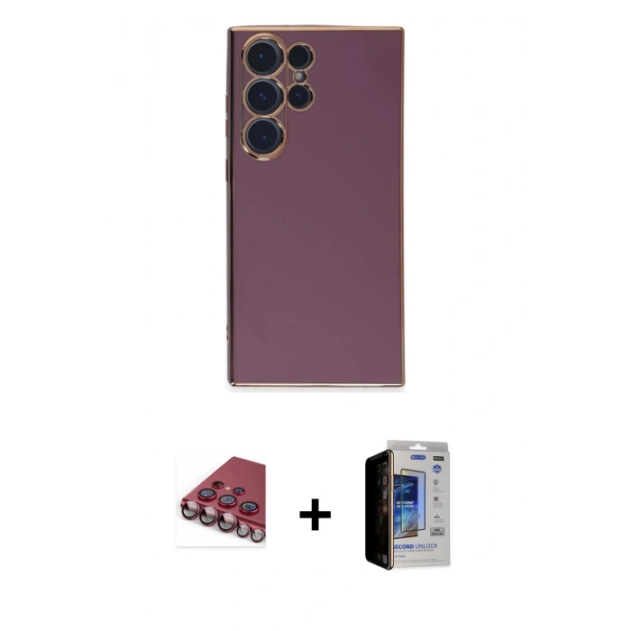 MARSİLYAN™- Galaxy S23 Ultra Kılıf Yankı Serisi - Siyah Durable Full Glue Curved Hayalet Cam + Valdez Metal Kamera Lens - KI