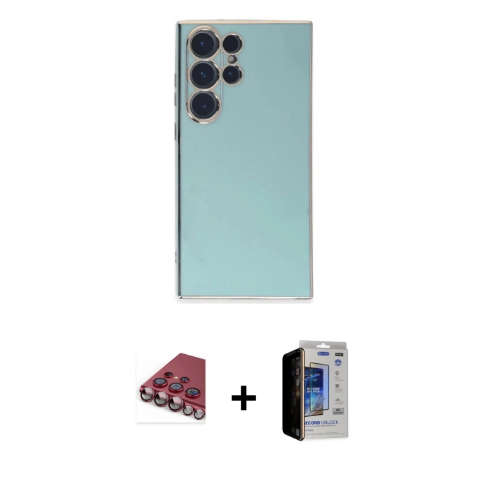MARSİLYAN™- Galaxy S23 Ultra Kılıf Yankı Serisi - Siyah Durable Full Glue Curved Hayalet Cam + Valdez Metal Kamera Lens - KI