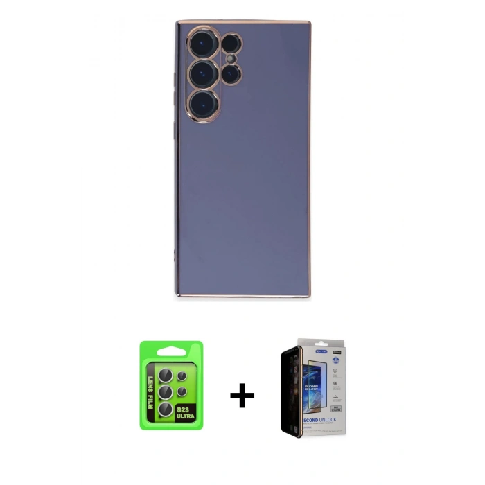 MARSİLYAN™- Galaxy S23 Ultra Kılıf Yankı Serisi - Siyah Durable Full Glue Curved Hayalet Cam + Raze Metal Kamera Lens - GS