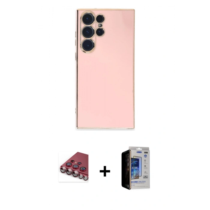MARSİLYAN™- Galaxy S23 Ultra Kılıf Yankı Serisi - Siyah Durable Full Glue Curved Hayalet Cam + Valdez Metal Kamera Lens - KI