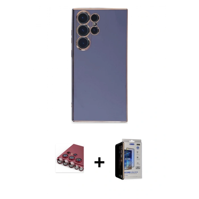 MARSİLYAN™- Galaxy S23 Ultra Kılıf Yankı Serisi - Siyah Durable Full Glue Curved Hayalet Cam + Valdez Metal Kamera Lens - KI