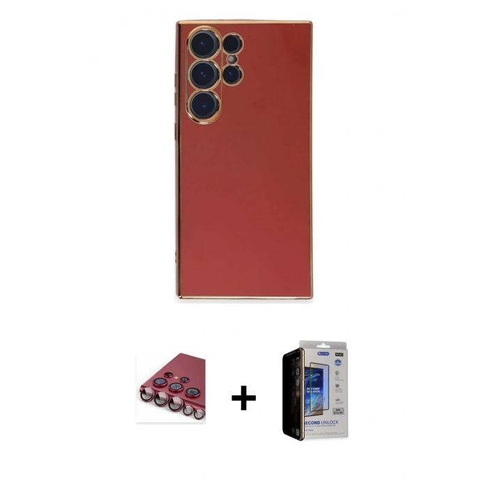 MARSİLYAN™- Galaxy S23 Ultra Kılıf Yankı Serisi - Siyah Durable Full Glue Curved Hayalet Cam + Valdez Metal Kamera Lens - KI