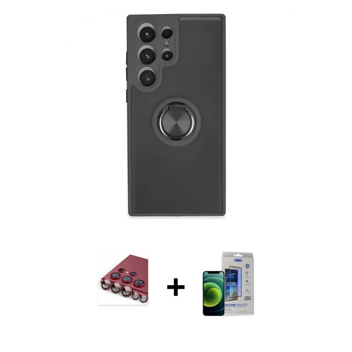 MARSİLYAN™- Galaxy S23 Ultra Kılıf Yörünge Çizgi - Siyah Durable Full Glue Curved Cam + Valdez Metal Kamera Lens - KI