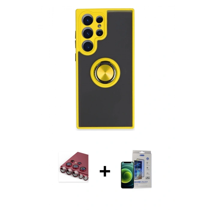 MARSİLYAN™- Galaxy S23 Ultra Kılıf Yörünge Çizgi - Siyah Durable Full Glue Curved Cam + Valdez Metal Kamera Lens - KI