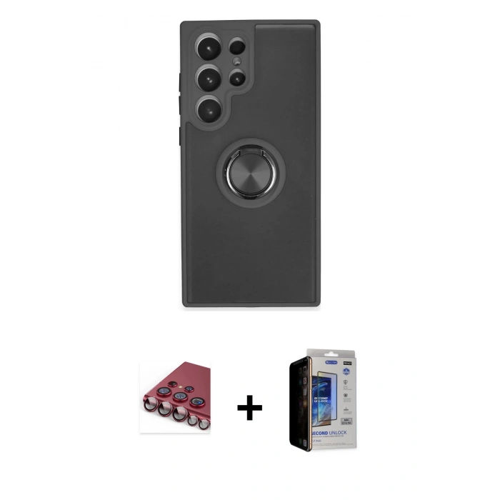 MARSİLYAN™- Galaxy S23 Ultra Kılıf Yörünge Çizgi - Siyah Durable Full Glue Curved Hayalet Cam + Valdez Metal Kamera Lens - KI
