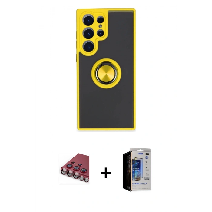 MARSİLYAN™- Galaxy S23 Ultra Kılıf Yörünge Çizgi - Siyah Durable Full Glue Curved Hayalet Cam + Valdez Metal Kamera Lens - KI