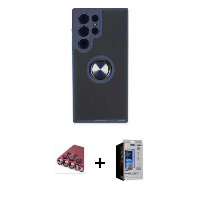 MARSİLYAN™- Galaxy S23 Ultra Kılıf Yörünge Çizgi - Siyah Durable Full Glue Curved Hayalet Cam + Valdez Metal Kamera Lens - KI
