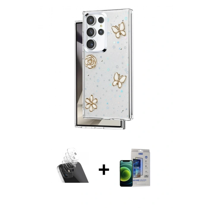 MARSİLYAN™- Galaxy S23 Ultra Kılıf Yörünge Form - Siyah Durable Full Glue Curved Cam + Şeffaf Kamera Lens Koruma Cam