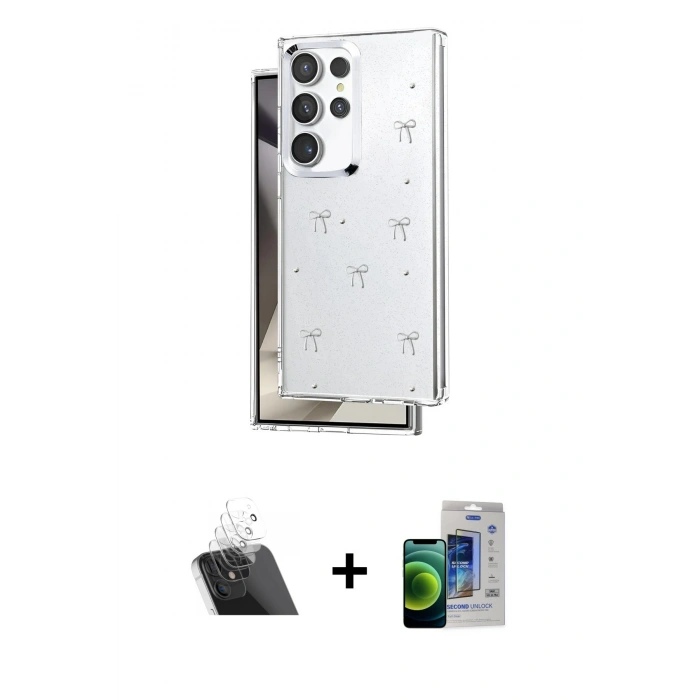 MARSİLYAN™- Galaxy S23 Ultra Kılıf Yörünge Form - Siyah Durable Full Glue Curved Cam + Şeffaf Kamera Lens Koruma Cam