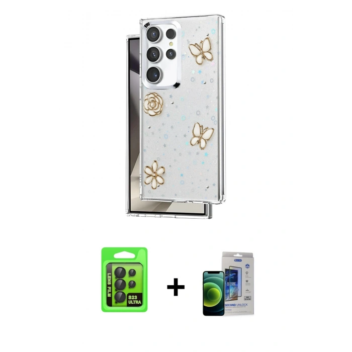MARSİLYAN™- Galaxy S23 Ultra Kılıf Yörünge Form - Siyah Durable Full Glue Curved Cam + Raze Metal Kamera Lens - SH