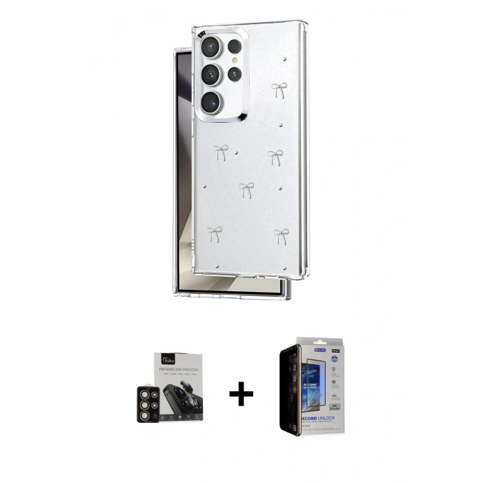 MARSİLYAN™- Galaxy S23 Ultra Kılıf Yörünge Form - Siyah Durable Full Glue Curved Hayalet Cam + PVD Metal Kamera Lens - GD