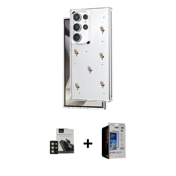MARSİLYAN™- Galaxy S23 Ultra Kılıf Yörünge Form - Siyah Durable Full Glue Curved Hayalet Cam + PVD Metal Kamera Lens - GD