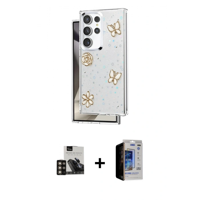 MARSİLYAN™- Galaxy S23 Ultra Kılıf Yörünge Form - Siyah Durable Full Glue Curved Hayalet Cam + PVD Metal Kamera Lens - GD