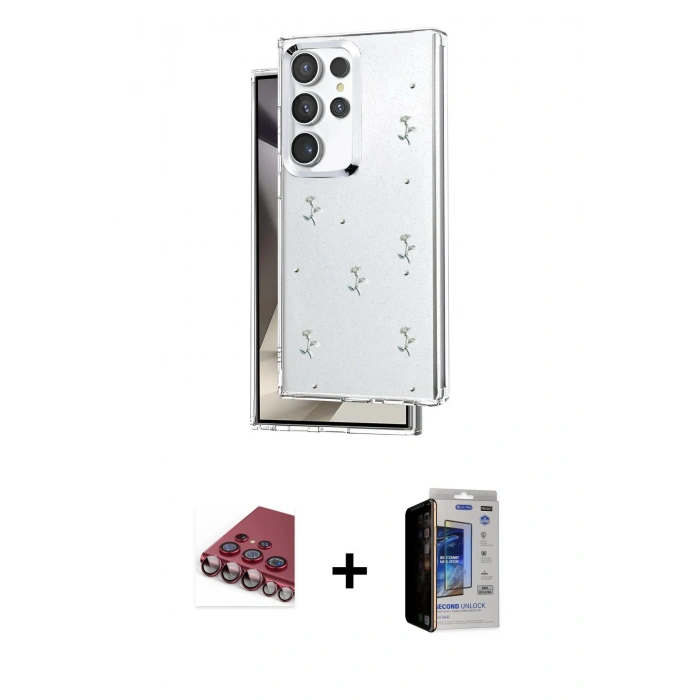 MARSİLYAN™- Galaxy S23 Ultra Kılıf Yörünge Form - Siyah Durable Full Glue Curved Hayalet Cam + Kırmızı Valdez Metal Kamera Lens