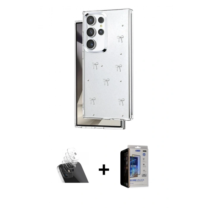 MARSİLYAN™- Galaxy S23 Ultra Kılıf Yörünge Form - Siyah Durable Full Glue Curved Hayalet Cam + Şeffaf Kamera Lens Koruma Cam