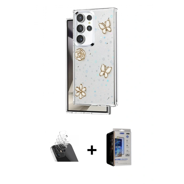 MARSİLYAN™- Galaxy S23 Ultra Kılıf Yörünge Form - Siyah Durable Full Glue Curved Hayalet Cam + Şeffaf Kamera Lens Koruma Cam