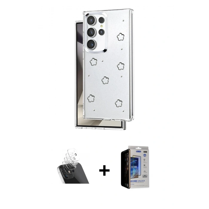 MARSİLYAN™- Galaxy S23 Ultra Kılıf Yörünge Form - Siyah Durable Full Glue Curved Hayalet Cam + Şeffaf Kamera Lens Koruma Cam