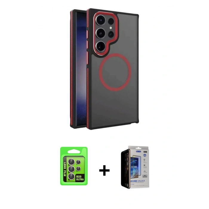 MARSİLYAN™- Galaxy S23 Ultra Kılıf Yörünge Klasik - Siyah Durable Full Glue Curved Hayalet Cam + Raze Metal Kamera Lens - LA