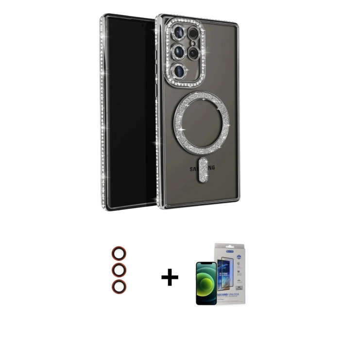 MARSİLYAN™- Galaxy S23 Ultra Kılıf Zirve Doku Prime - Siyah Durable Full Glue Curved Cam + Metal Kamera Lens - KI