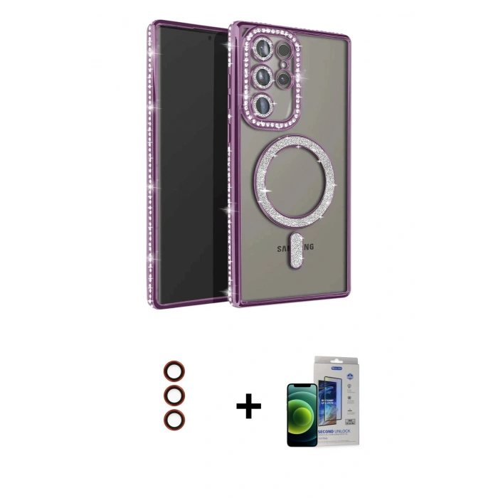 MARSİLYAN™- Galaxy S23 Ultra Kılıf Zirve Doku Prime - Siyah Durable Full Glue Curved Cam + Metal Kamera Lens - KI