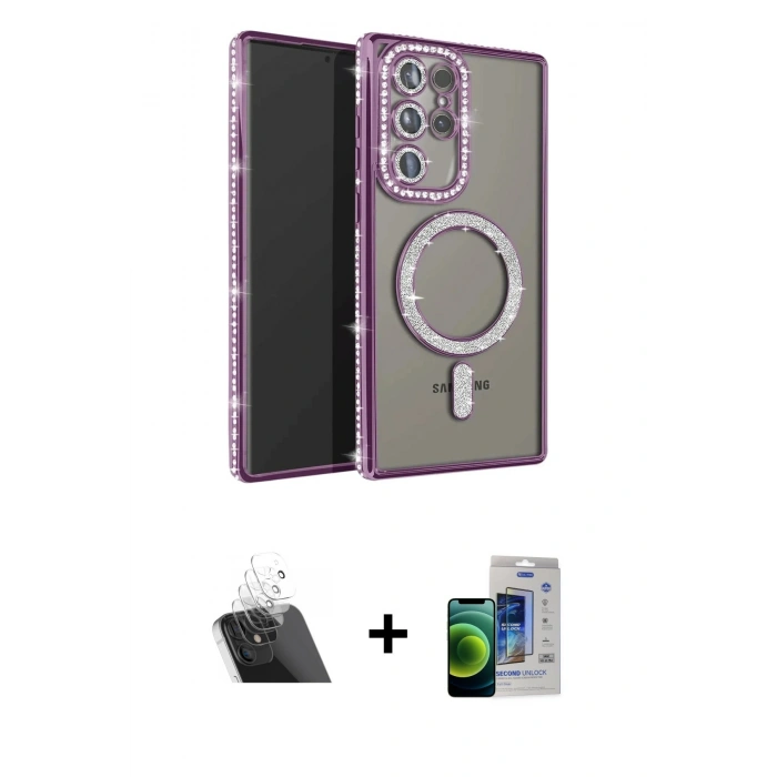 MARSİLYAN™- Galaxy S23 Ultra Kılıf Zirve Doku Prime - Siyah Durable Full Glue Curved Cam + Şeffaf Kamera Lens Koruma Cam