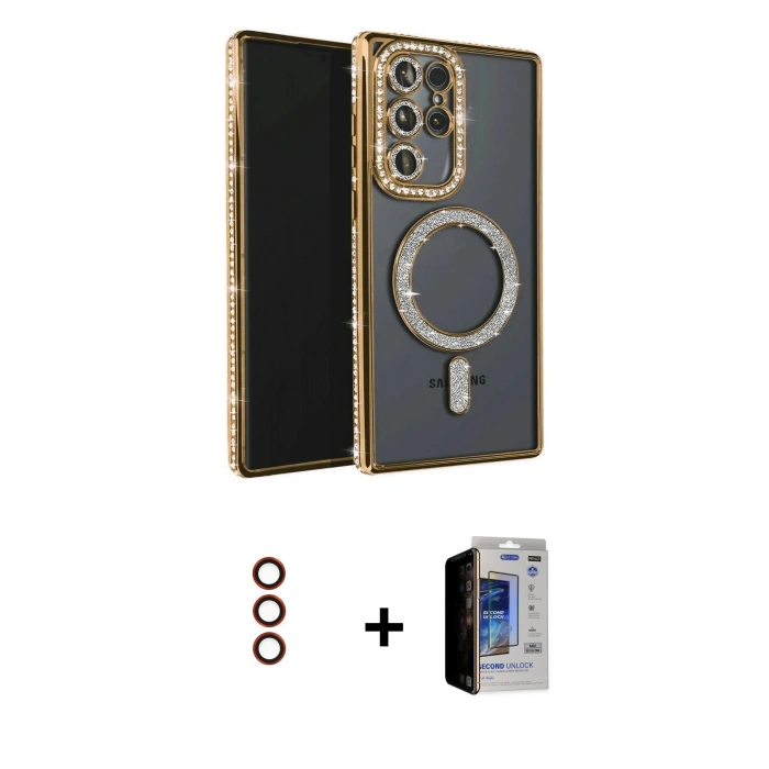 MARSİLYAN™- Galaxy S23 Ultra Kılıf Zirve Doku Prime - Siyah Durable Full Glue Curved Hayalet Cam + Metal Kamera Lens - KI