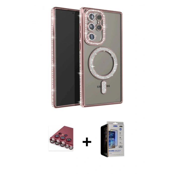 MARSİLYAN™- Galaxy S23 Ultra Kılıf Zirve Doku Prime - Siyah Durable Full Glue Curved Hayalet Cam + Valdez Metal Kamera Lens - KI